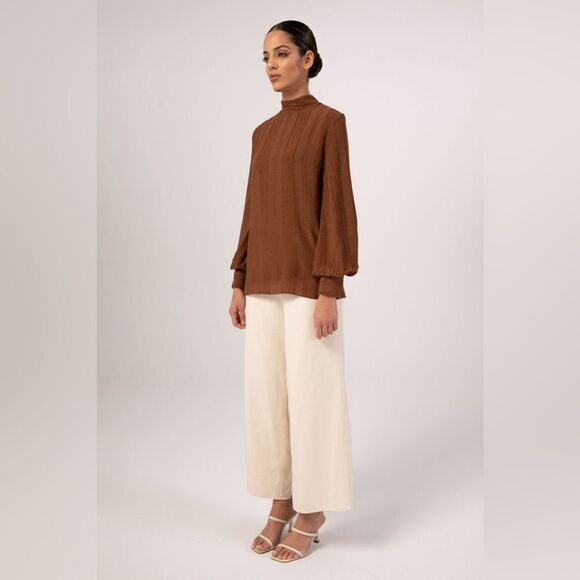 VEILED New York Textured Rayon Balloon Sleeve Blouse - Brown Cocoa - Picture 3 of 15